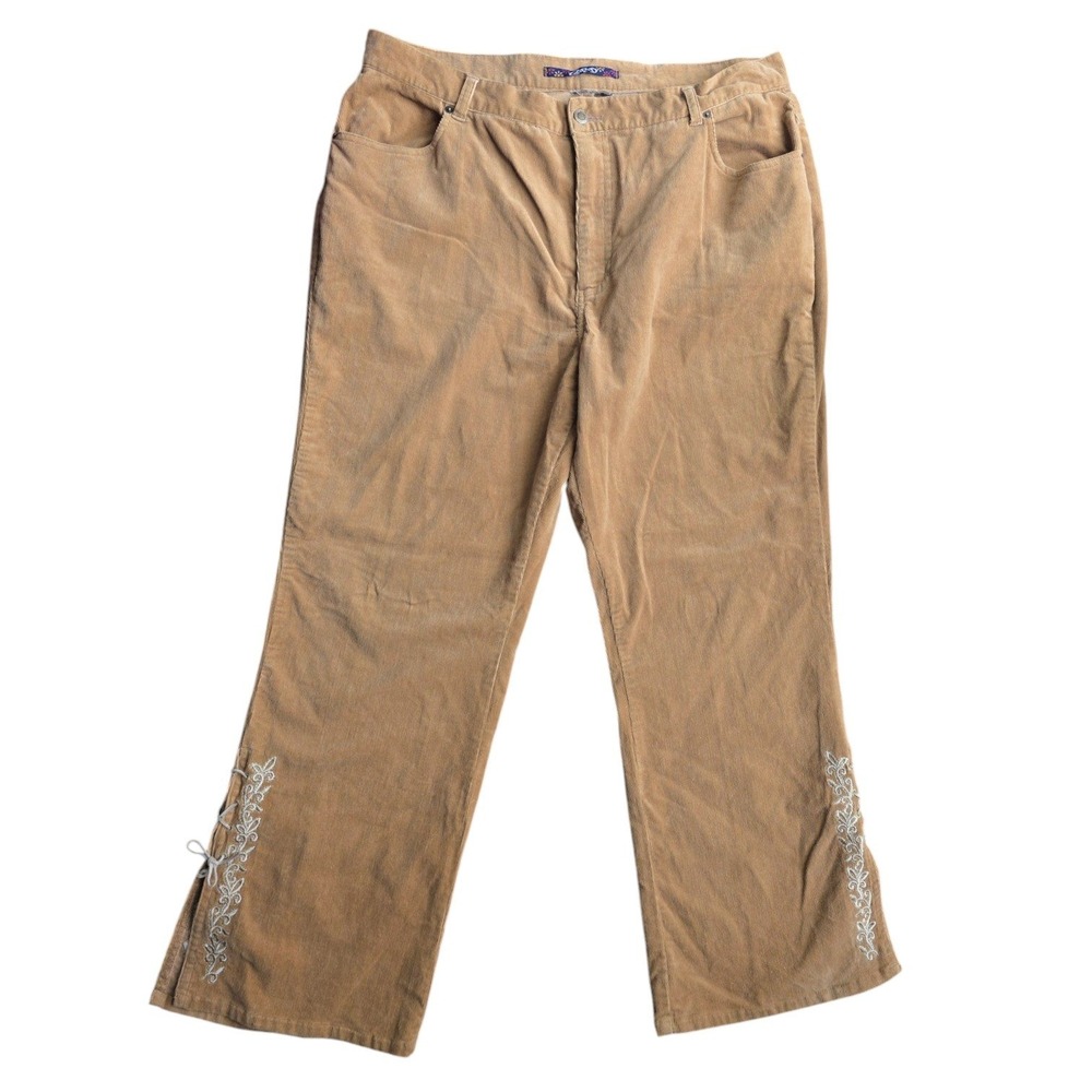 Y2K QPD Tan Corduroy Split Leg Lace Up Bootcut Pants Embroidered Plus Size 22